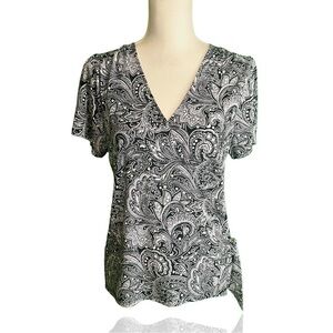 MICHAEL Michael Kors Black & White Paisley Print Faux Wrap Top W/ Buckle Detail